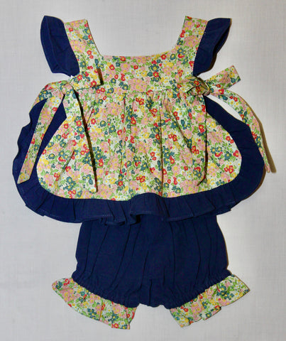 Pink and Dark Blue Floral Ruffle Trim Top and Bloomer Set