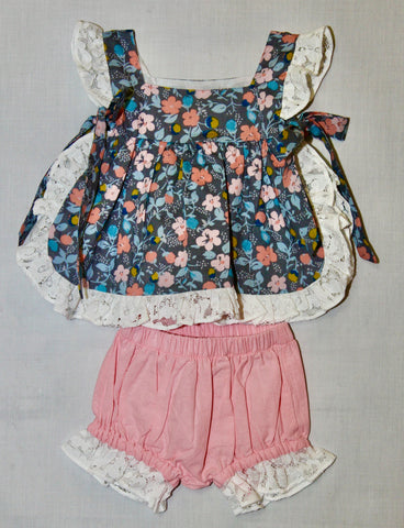 Grey and Pink Floral Ruffle Trim Top and Bloomer Set