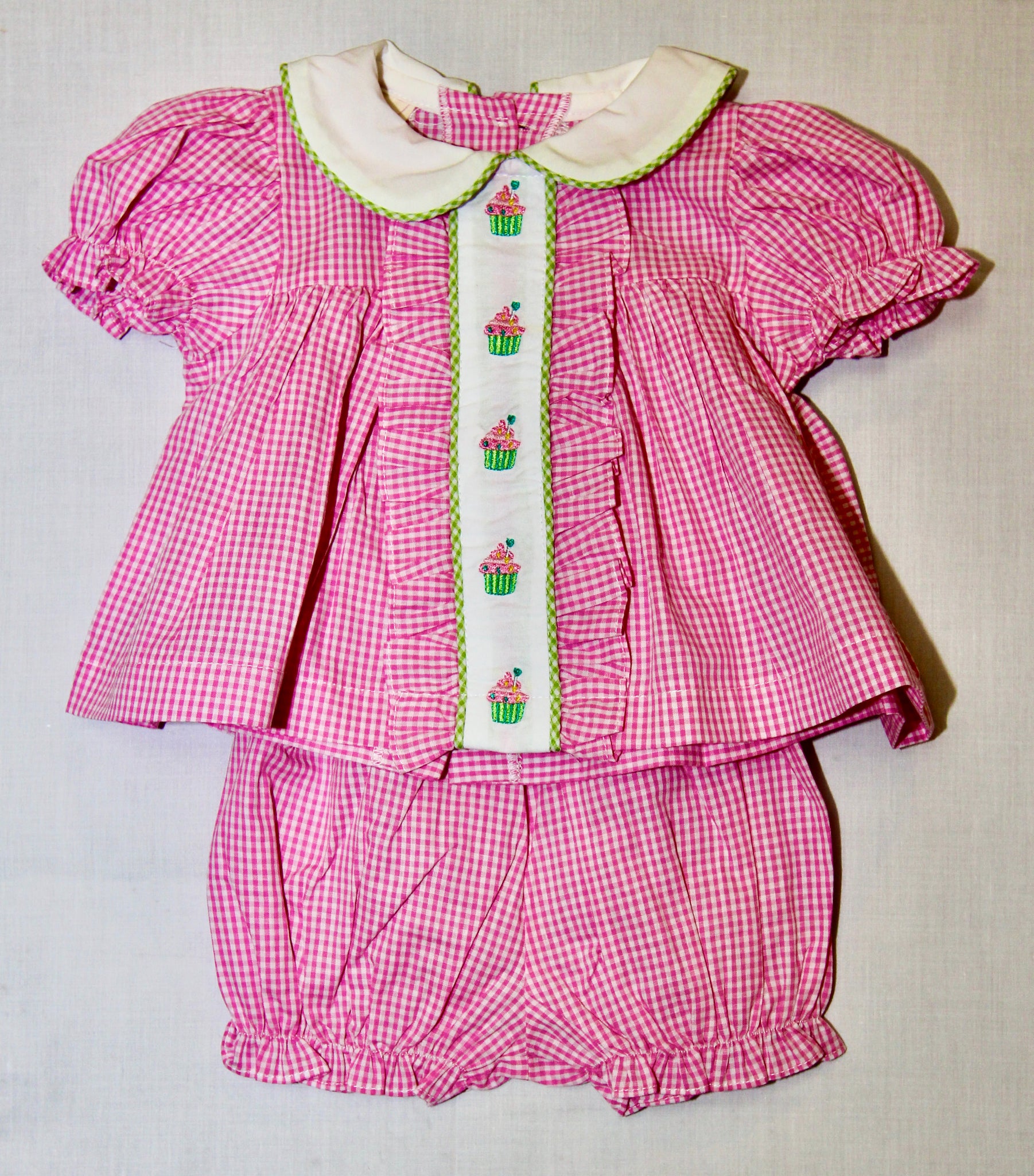 Pink Gingham Center Embroidered Cupcake Top and Bloomer Set