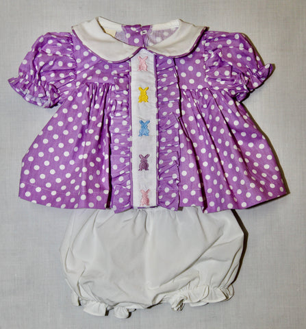 Lavender Polka Dot Center Embroider Bunny Top and Bloomer Set