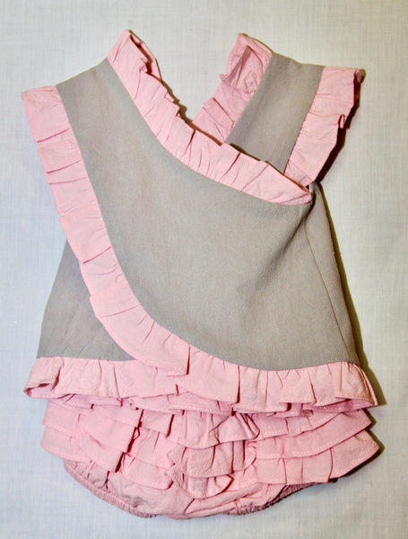 Grey and Pink Bunny Ruffle-Trim Top with Cross Back and Bloomer Set