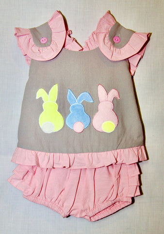 Grey and Pink Bunny Ruffle-Trim Top with Cross Back and Bloomer Set