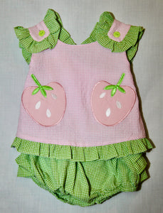 Pink and Green Gingham Strawberry Ruffle-Trim Top with Cross Back and Bloomer Set