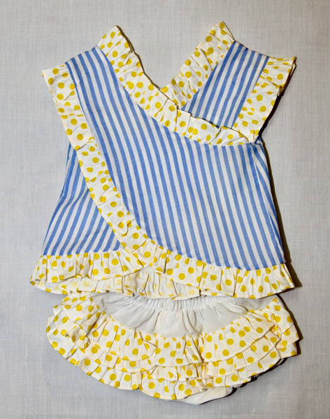 Blue Stripe Pineapple Ruffle-Trim Top with Cross Back and Bloomer Set