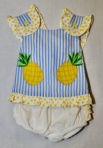 Blue Stripe Pineapple Ruffle-Trim Top with Cross Back and Bloomer Set