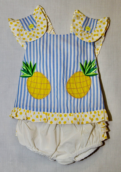 Blue Stripe Pineapple Ruffle-Trim Top with Cross Back and Bloomer Set