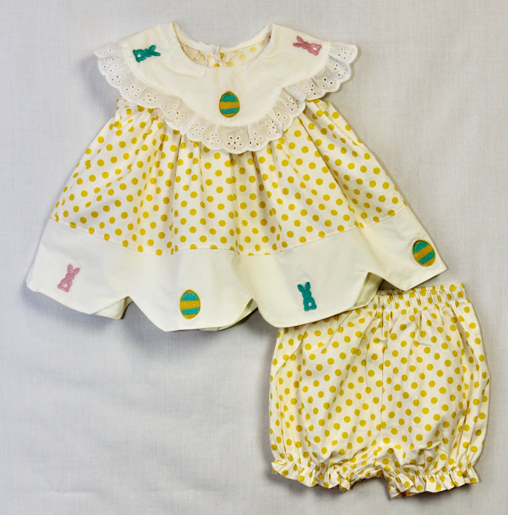 White and Yellow Polka Dot Bunny and Egg Scallop Edge Top and Bloomer Set