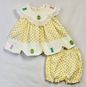 White and Yellow Polka Dot Bunny and Egg Scallop Edge Top and Bloomer Set