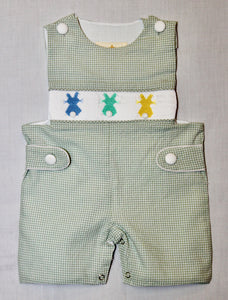 Light Jade Gingham Bunny Hand-Smocked Shortalls