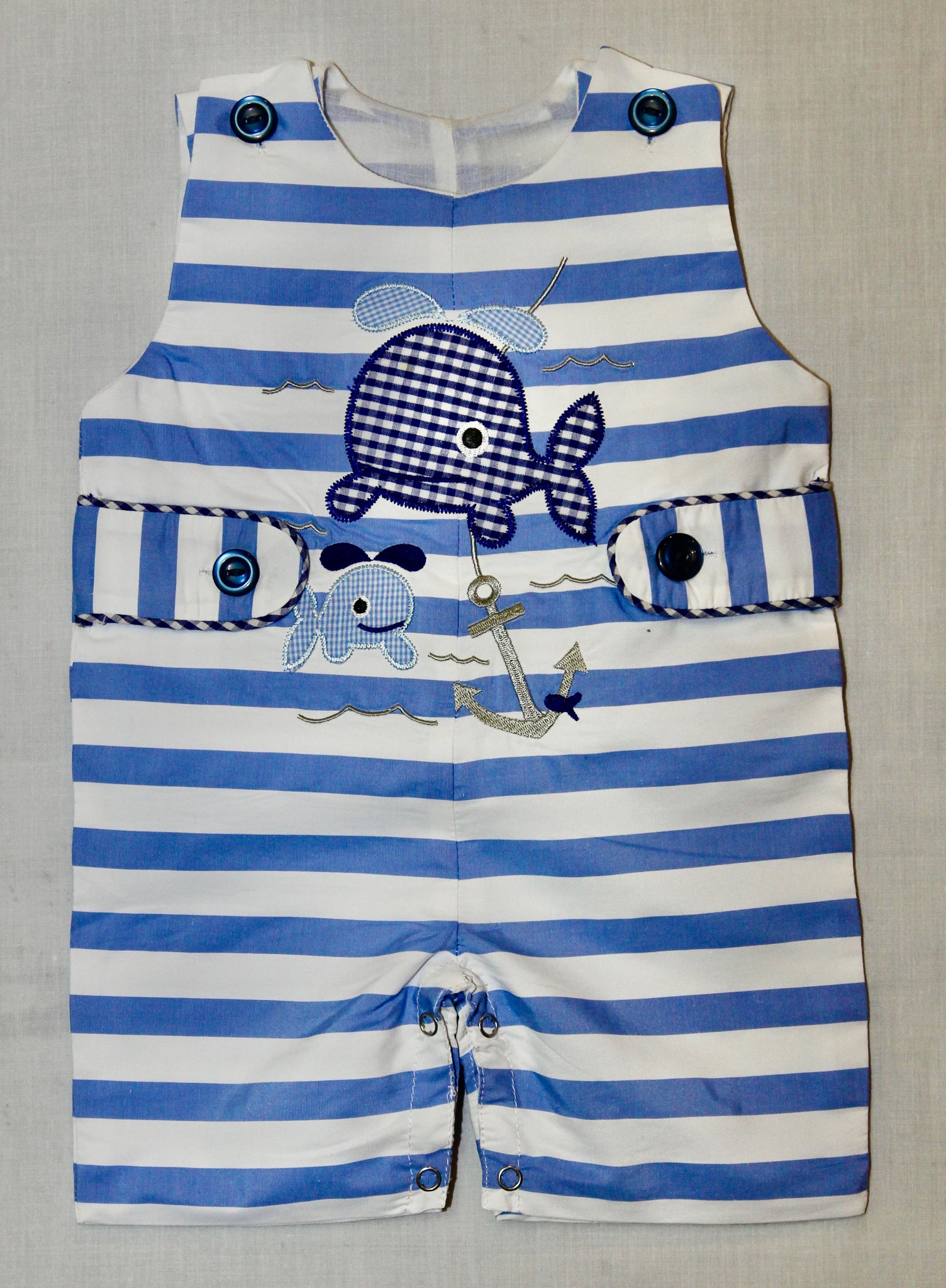 Light Blue and White Stripe Whale Romper