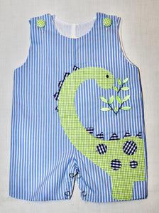 Light Blue and White Stripe Dinosaur Romper