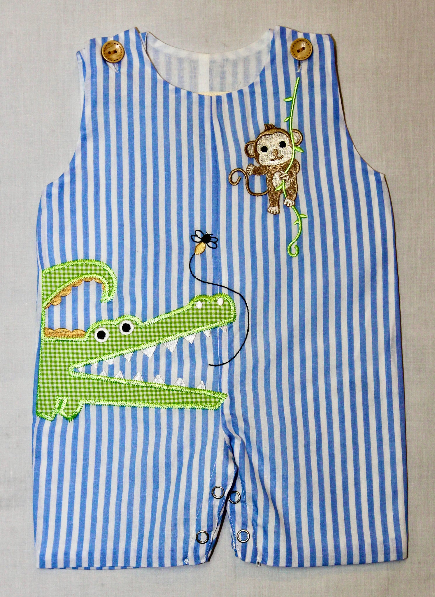 Light Blue and White Stripe Monkey and Alligator Romper