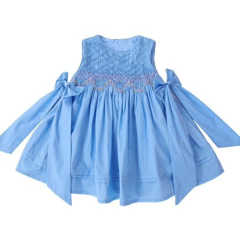 Light Blue Hand-Smocked Dress with Bows on the Sides