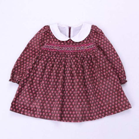 Maroon and Pink Polka Dots Hand Smocked Dress with Contrasting Peter Pan Collar