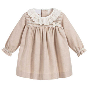 Tan Long Sleeves Dress with Ruffle Trim Around Collar