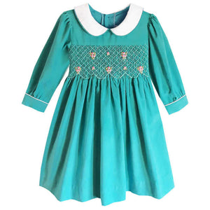 Turquoise Hand Smocked Long Sleeve Dress with Contrasting Trim