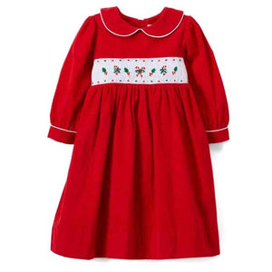 Red Candy Cane Hand Smocked Long Sleeve Dress with Contrasting Trim