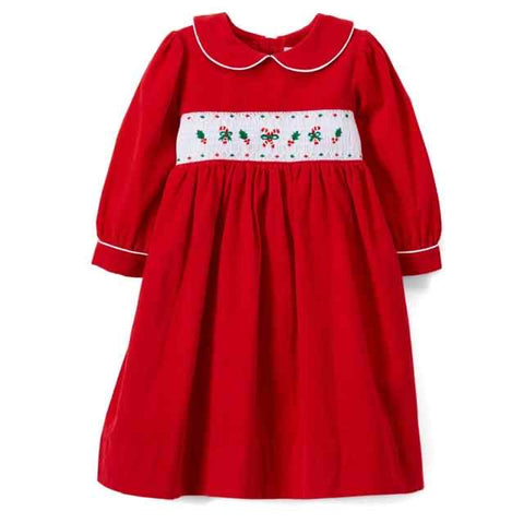 Red Candy Cane Hand Smocked Long Sleeve Dress with Contrasting Trim