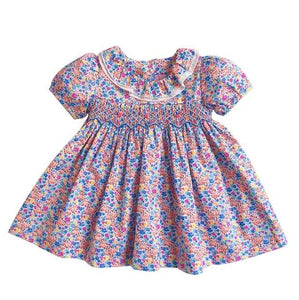 Blue and Yellow Floral Hand-Smocked Bishop Dress