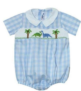 Light Blue Gingham Dinosaur Hand Smocked Romper