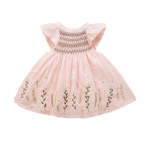 Light Peach Floral Hand-Smocked Bishop Dress