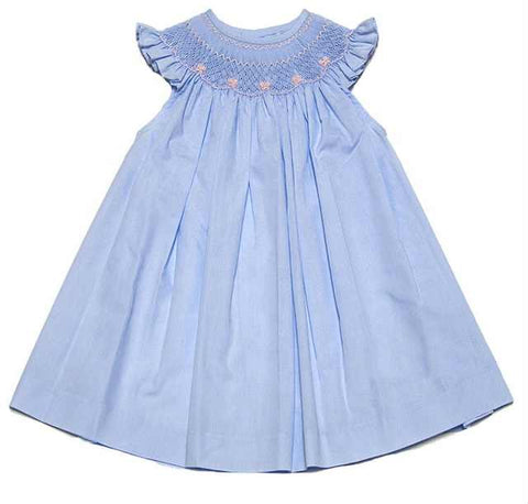 Light Blue Flower Angel Sleeves Hand-Smocked Bishop Dress