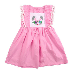 Pink Bunny Dress with Pom Pom Trim on Sides