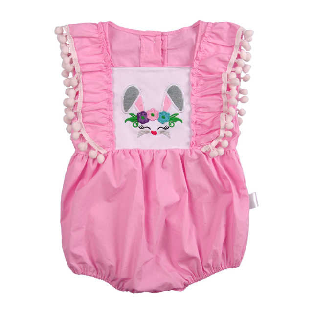 Pink Bunny Romper with Pom Pom Trim on Sides