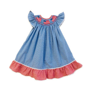 Dark Blue and Red Gingham American Hand-Smocked Bishop Dress