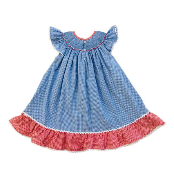 Dark Blue and Red Gingham American Hand-Smocked Bishop Dress