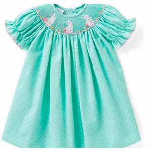 Aqua and White Polka Dot Bunny Hand-Smocked Bishop Dress