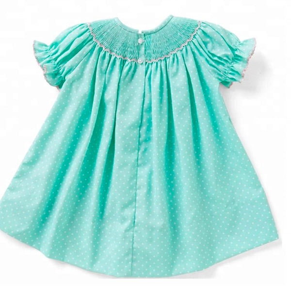 Aqua and White Polka Dot Bunny Hand-Smocked Bishop Dress