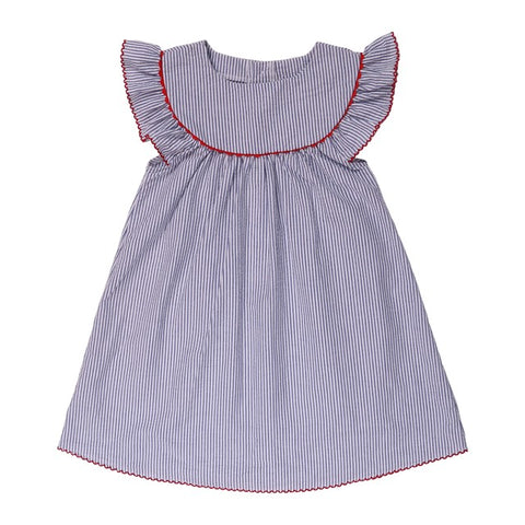 Dark Blue Seersucker York Dress with Red Trim