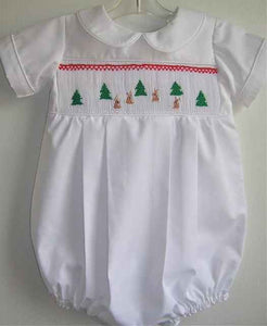 White Christmas Tree and Reindeer Hand Smocked Romper