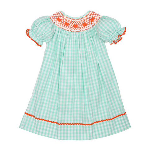 Aqua Gingham Pumpkin Hand-Smocked Bishop Dress