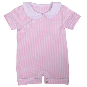 Pink Stripe Buttoned Romper with Contrasting White Trim