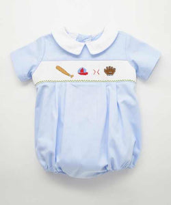 Light Blue Baseball Hand Smocked Romper