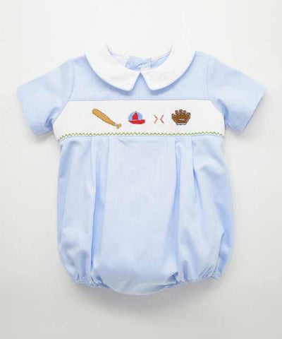 Light Blue Baseball Hand Smocked Romper