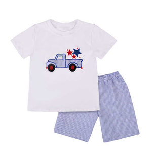 White and Dark Blue Americana Truck Top and Shorts Set