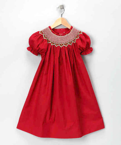 Red Hand-Smocked Bishop Dress