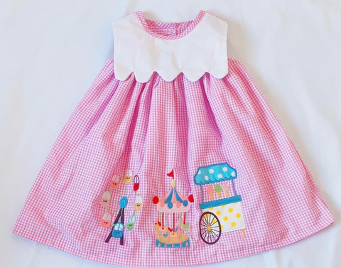 Pink gingham scallop bib play land  A-line dress