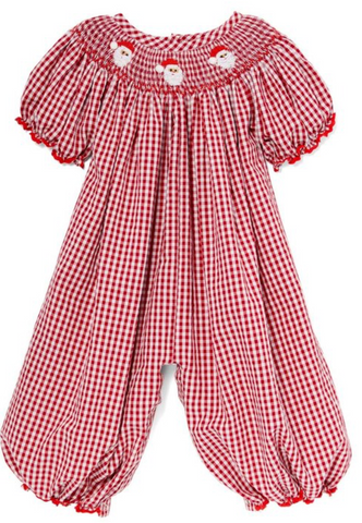 Red gingham Santa Clause hand-smocked playsuits