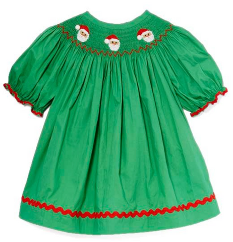 Green Santa Clause Hand-Smocked Bishop Dress