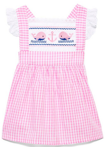 Pink gingham whale apron dress with lace-trim