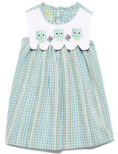 Turquoise gingham scallop bib owl  A-line dress