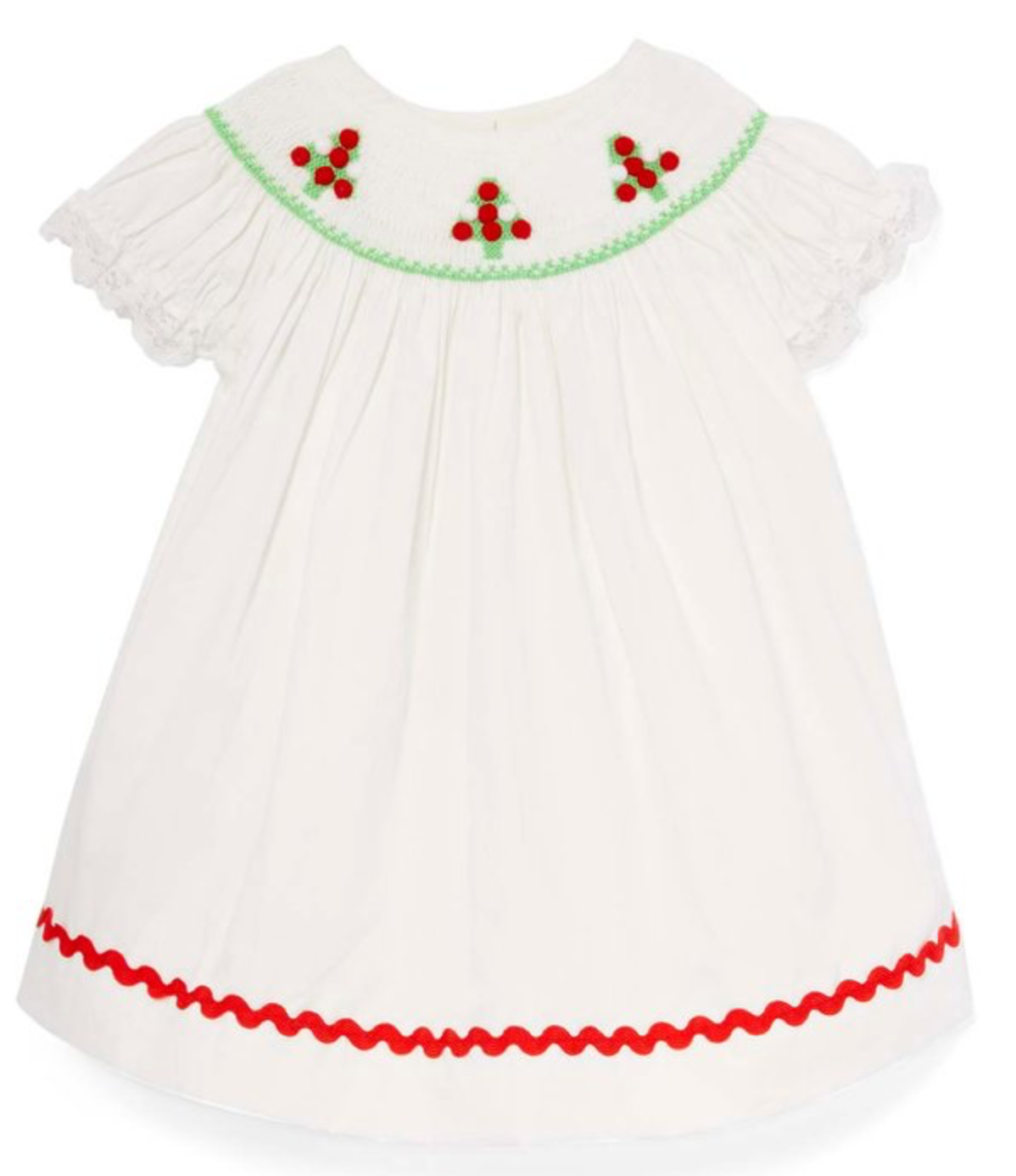 White Pom Pom Christmas tree Hand-Smocked Bishop Dress