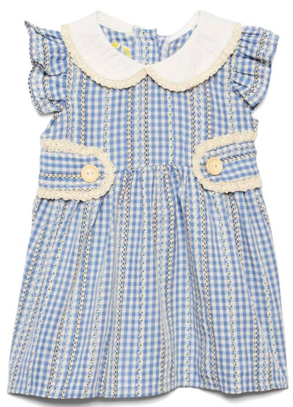 Blue gingham angel sleeves A-line dress with lace accent