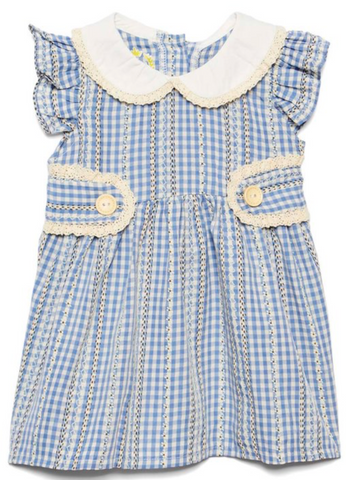 Blue gingham angel sleeves A-line dress with lace accent