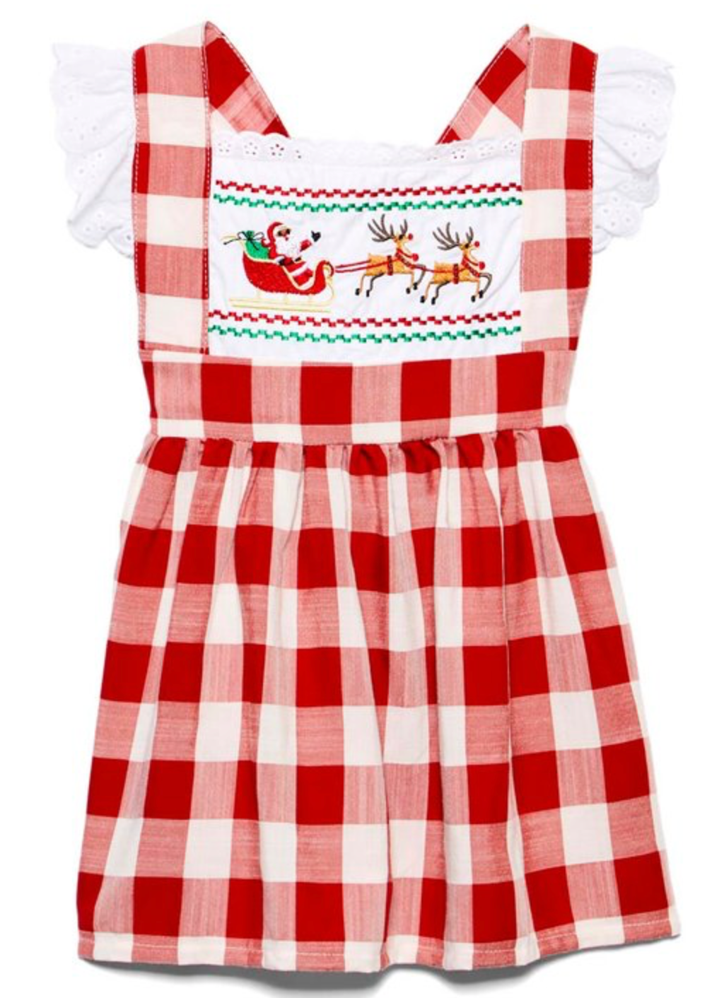 Red buffalo plaid Santa and sleigh apron dress with lace-trim