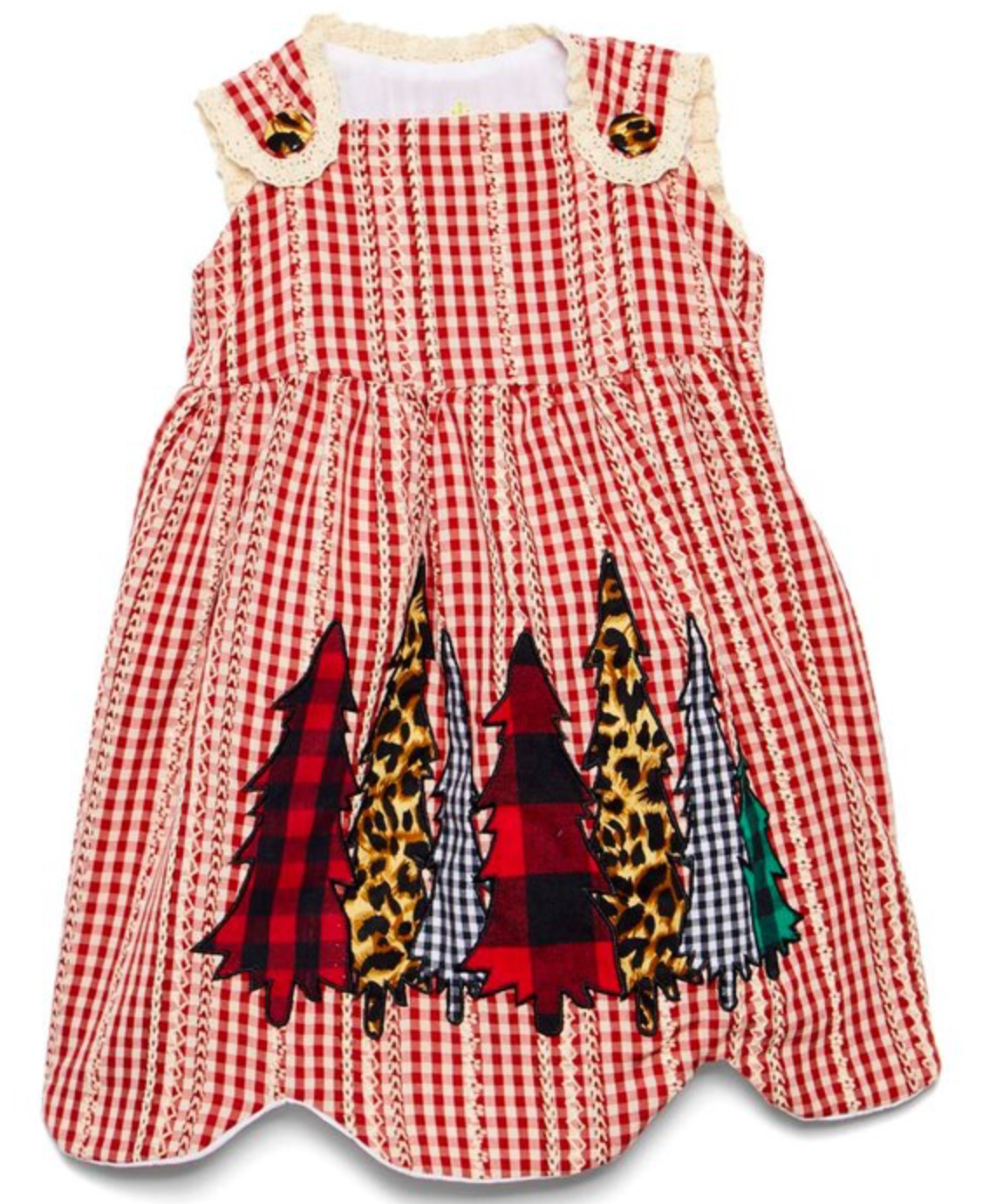 Red gingham Christmas tree scallop hem A-line dress